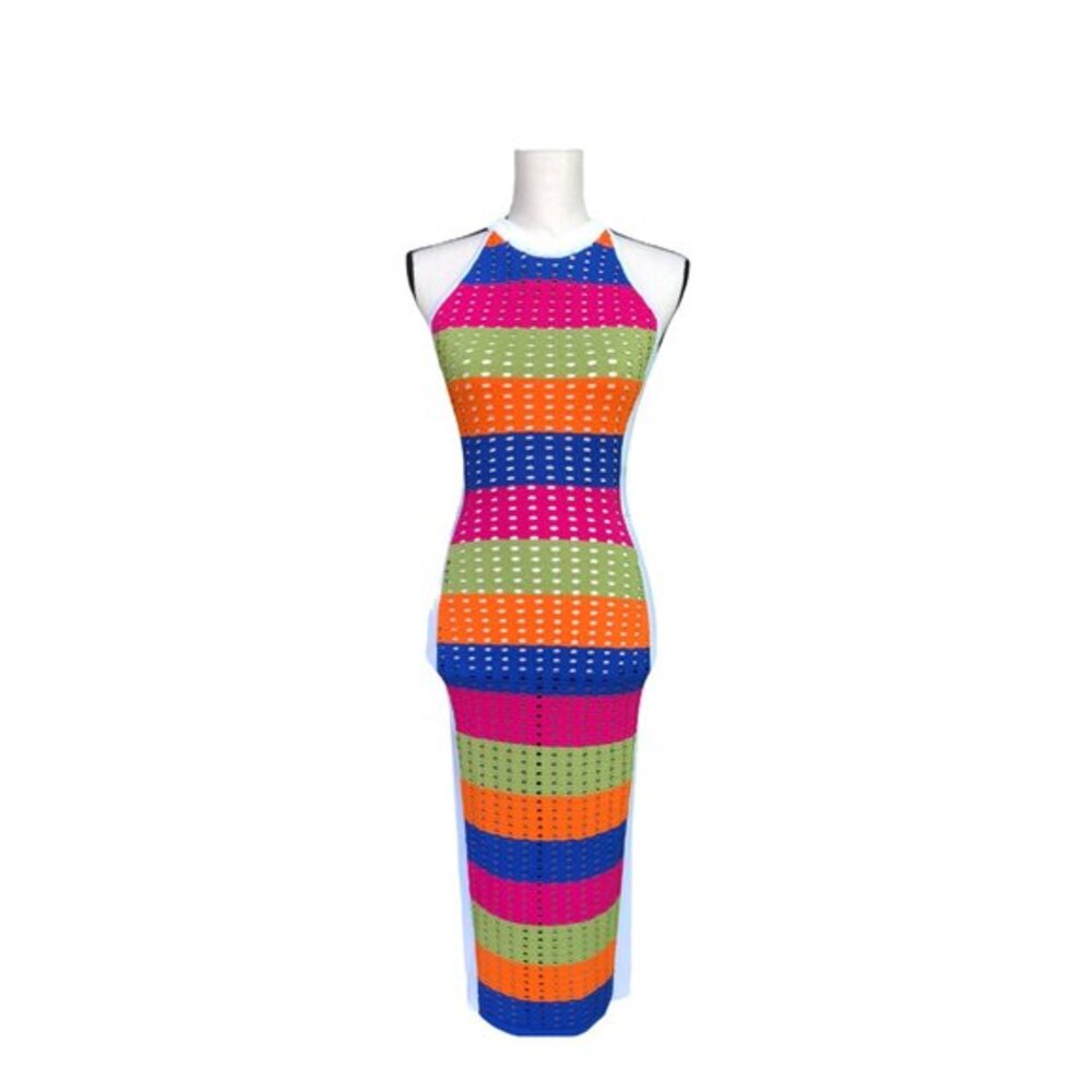 Beautiful Women's colorful stretch dress, with attached belt M - Picture 1 of 8